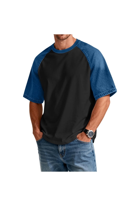 Denim Shirt Men Lightweight Patchwork Raglan Men's Shirts Short Sleeve Crew Neck Gym Workout Running Basketball Jersey Dark Gray XL