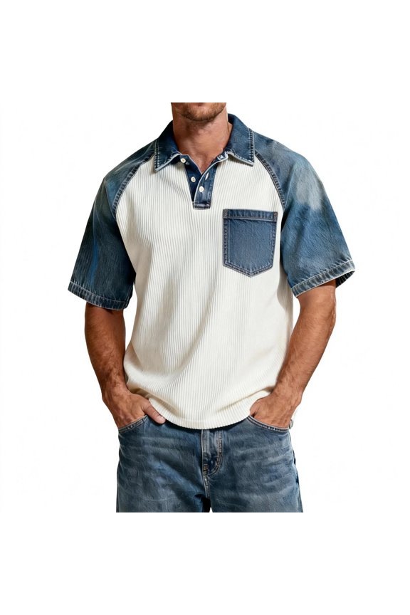 Denim Shirt Men Lightweight Patchwork Raglan Mens Short Sleeves Shirts Collared Button Down Shirts Men with Pocket Blue S