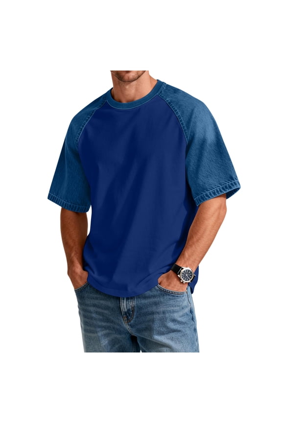 Denim Shirt Men Lightweight Patchwork Raglan Mens Short Sleeves Shirts Crew Neck Lightweight Running Gym Basketball Jersey Dark Blue S