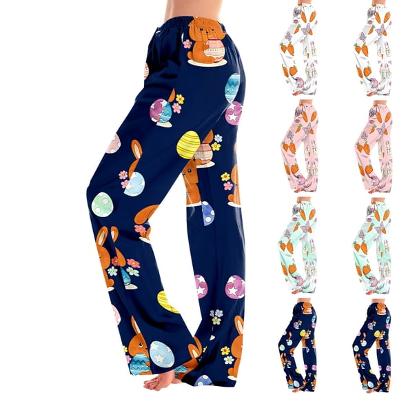 Hearthz Easter Pj Pants Women Cute Rabbit Bunny Print Wide Leg Womens Lounge Pants Baggy Soft Comfy Lightweight Sleep Pants for Women
