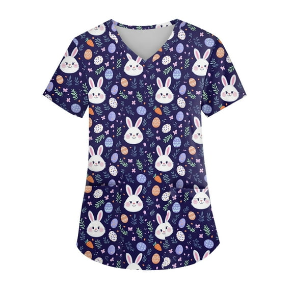 Hearthz Easter Scrub Shirts for Women Bunny Egg Hunt Print V Neck Short Sleeve Nurse Uniform Scrub Shirt with Pockets