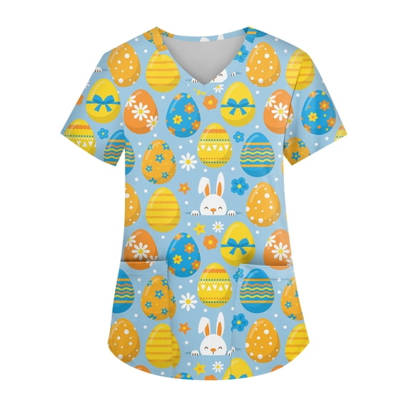 Hearthz Easter Scrub Top for Woman Bunny Egg Hunt Print V Neck Short Sleeve Women's Nurse Uniform Scrub Shirts with Pockets