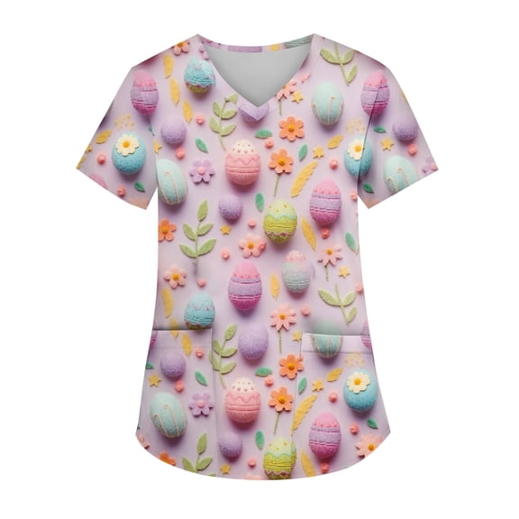 Hearthz Easter Scrubs Top for Women Bunny Egg Hunt Print V Neck Short Sleeve Women Nurse Uniform Scrub Shirts with Pockets
