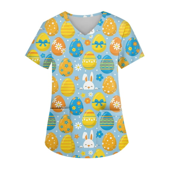 Hearthz Easter Scrubs Tops for Women Bunny Egg Hunt Print V Neck Short Sleeve Nurse Working Uniforms Scrub Shirts with Pockets
