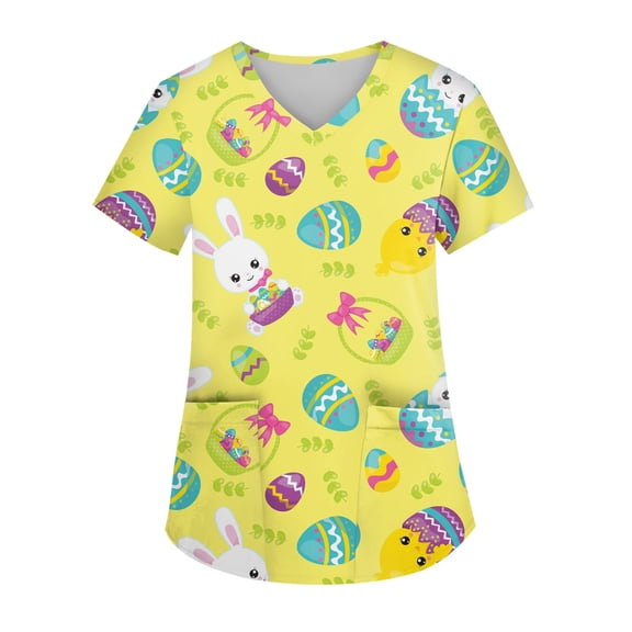 Hearthz Easter Top Scrubs for Women Bunny Egg Hunt Print V Neck Short Sleeve Women Nurse Uniform Scrub Shirt with Pockets