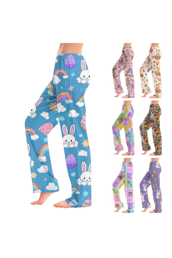 Easter Woman Pajama Pants Bunny Egg Hunt Print Womens Pj Bottoms Drawstring Straight Leg Lounging Pants for Women