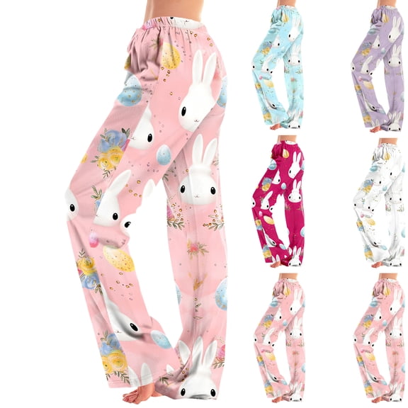 Hearthz Easter Women Pajamas Pants Cute Rabbit Bunny Print Wide Leg Womans Lounge Pants Baggy Soft Comfy Lightweight Sleepwear Bottoms