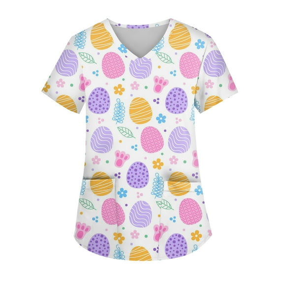 Hearthz Easter Womens Scrub Tops Printed Bunny Egg Hunt Print V Neck Short Sleeve Nurse Uniforms Scrub Shirt with Pockets