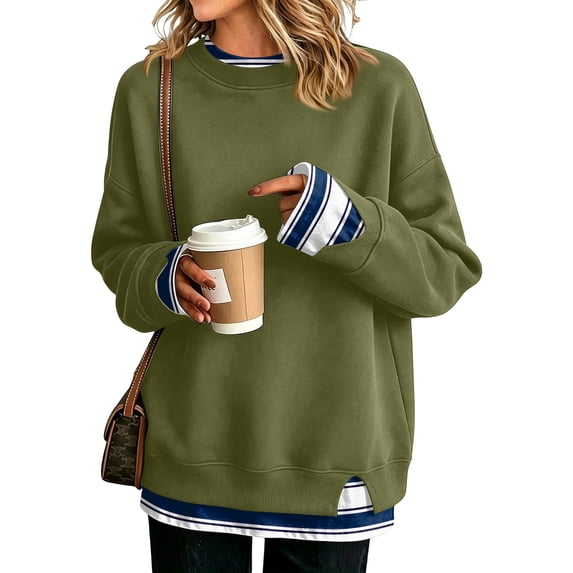 Hearthz Fake Two Piece Pullover Sweatshirts for Women Long Sleeve Striped Cuff Layered Crewneck Sweatshirt Women Fall Winter Warm Women's Pullover Sweaters