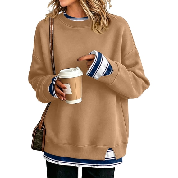 Hearthz Fake Two Piece Pullover Sweatshirts for Women Long Sleeve Striped Cuff Layered Women's Crewneck Sweatshirts Fall Winter Warm Women's Pullover Sweaters