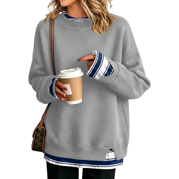 Hearthz Fake Two Piece Women Sweatshirt Long Sleeve Striped Cuff Layered Womens Crew Necks Sweatshirts Fall Winter Warm Womens Pullover Sweatshirt