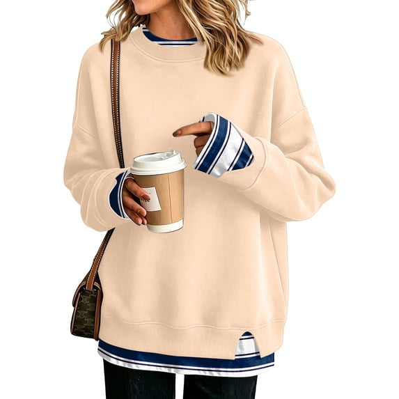 Hearthz Fake Two Piece Womens Sweatshirts Long Sleeve Striped Cuff Layered Oversized Crewneck Sweatshirt Women Fall Winter Warm Womens Pullover Sweatshirt