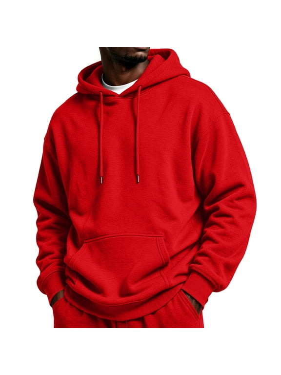 Flannel Hoodie for Men Red Long Sleeve Drop Shoulder Mens Sweatshirts Winter Warm Oversized Y2k Trendy Streetwear Mens Hooded Sweatshirt