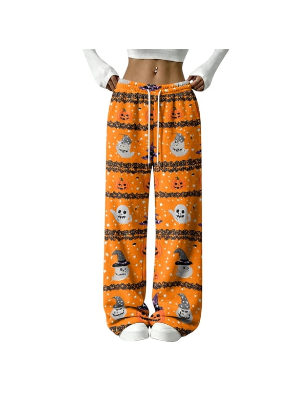 Flannel Pajamas Boo Ghost Pumpkin Graphic Women's Fuzzy Plush Pajama Pants Drawstring Elastic Waist Wide Leg Womens Pajama Pants