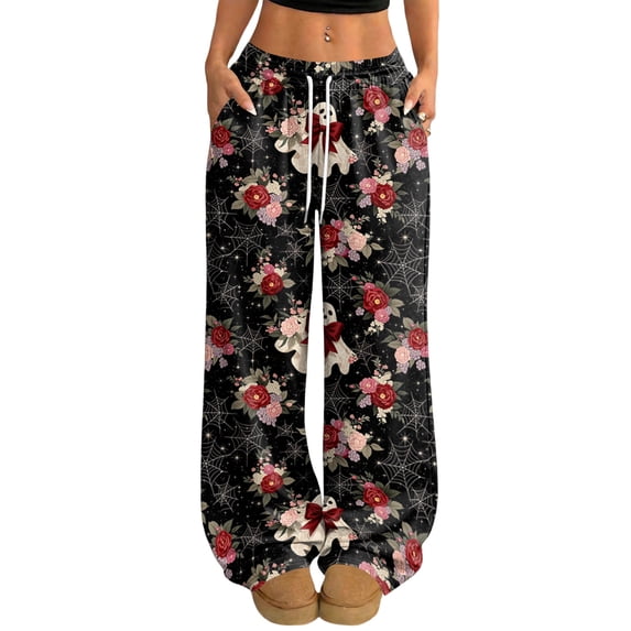 Hearthz Flannel Pajamas Ghost Jack-O Bat Print Women Pajamas Fleece Pajama Pants Drawstring Elastic Waist Wide Leg Womens Pajama Pants