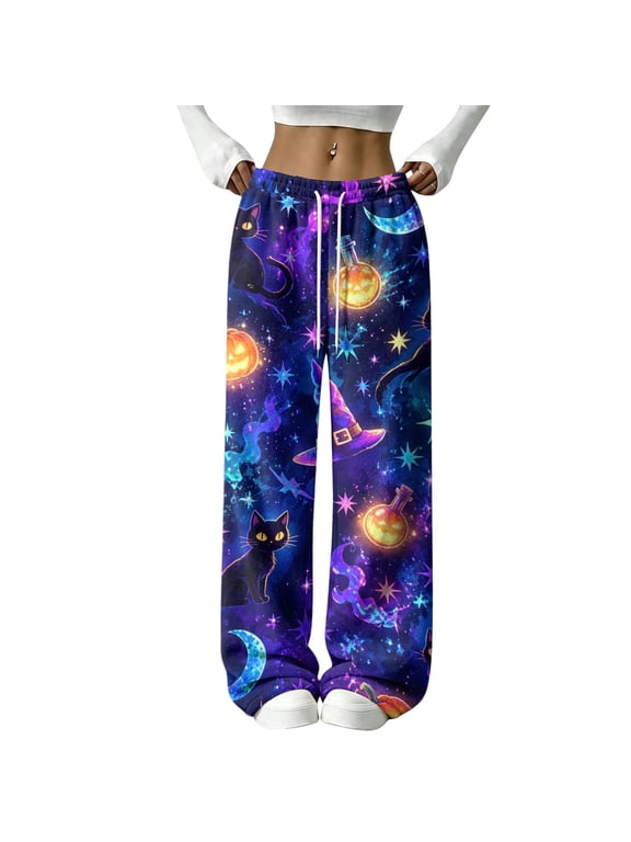 Flannel Pajamas Ghost Jack-O Bat Print Women's Fuzzy Plush Pajama Pants Drawstring Elastic Waist Wide Leg Pajama Pants Women