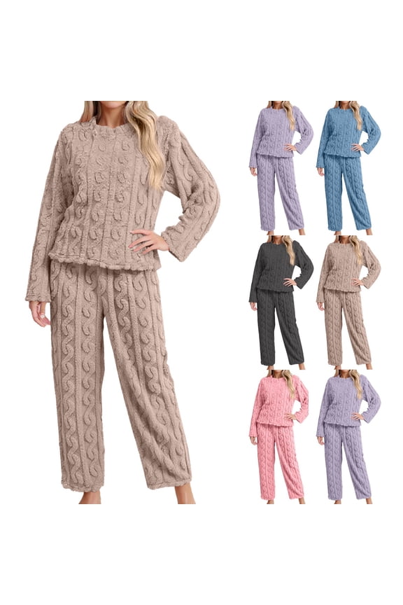 Flannel Pajamas for Women Set 2 Piece Fuzzy Fleece Pajama Loungewear Winter Sherpa Long Sleeve Tops Trousers Sleepwear Sets
