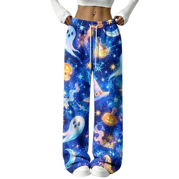 Hearthz Flannel Pants for Women Ghost Pumpkin Spider Web Graphic Women's Fuzzy Plush Pajama Pants Drawstring Elastic Waist Wide Leg Women's Pajama Pants