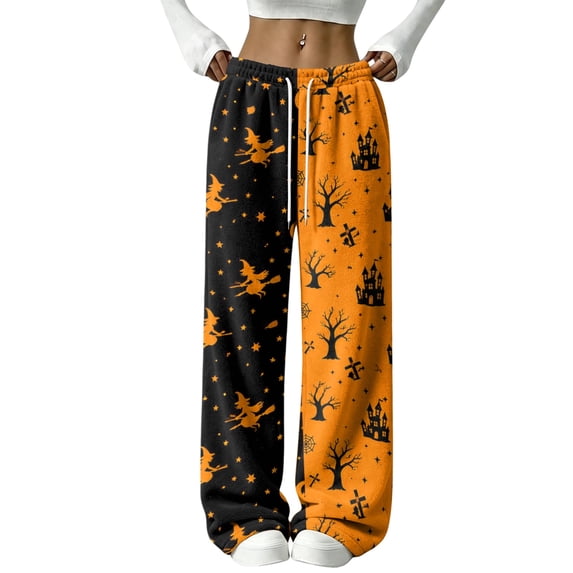 Hearthz Flannel Pants for Women Ghost Jack-O Bat Print Women's Fuzzy Plush Pajama Pants Drawstring Elastic Waist Wide Leg Pj Bottoms Pants