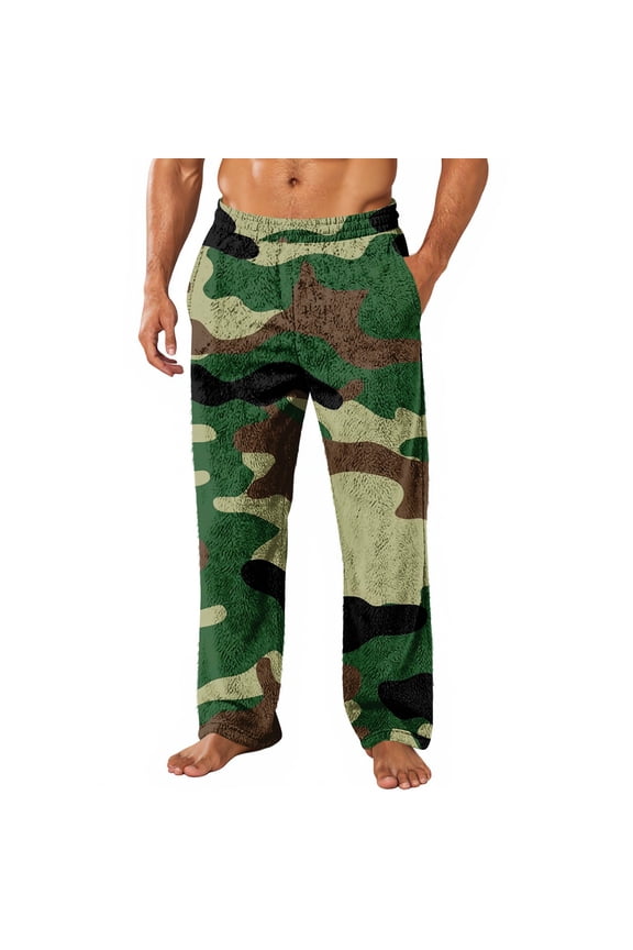 Flannel Pj Pants for Men Camouflage Pj Pants for Men Winter Warm Plush Fluffy Sleep Pants for Men with Pockets