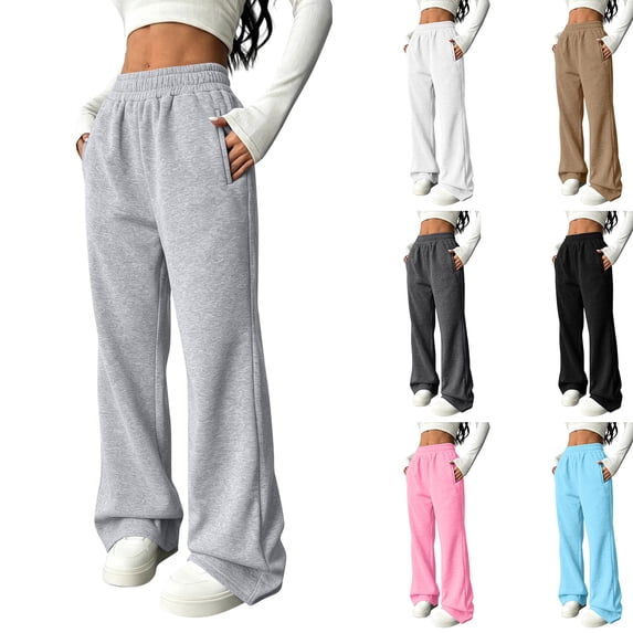 Hearthz Fleece Lined Straight Leg Sweatpants for Women Solid High Waist Baggy Sweatpants Women Winter Warm Womens Trouser Pants Athletic Workout Gym Fleece Lined Sweatpants Light Blue XXL