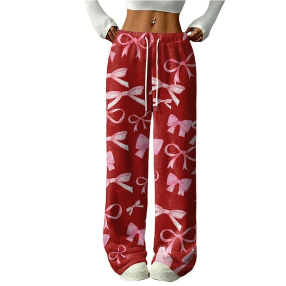 Hearthz Fleece Lounge Pants Women Bow Fluffy Fuzzy Fleece Elastic Waist Wide Leg Lounge Pants with Pockets Fall Winter Warm Pj Soft Sleep Bottoms