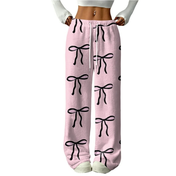 Hearthz Fleece Lounge Pants Women Bow Fuzzy Fleece Cozy Elastic Waist Wide Leg Sleep Pants with Pockets Fall Winter Warm Women Pajama Bottoms