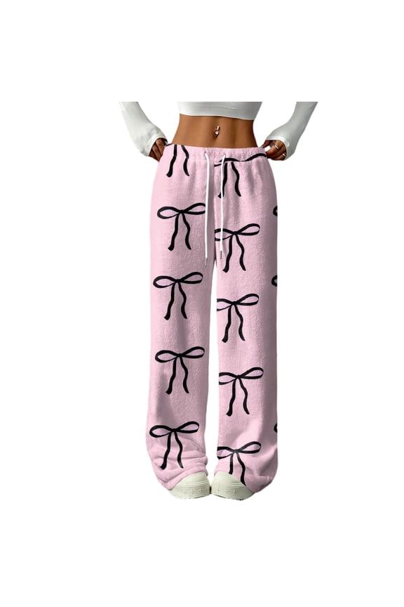 Fleece Lounge Pants Women Bow Fuzzy Fleece Cozy Elastic Waist Wide Leg Sleep Pants with Pockets Fall Winter Warm Women Pajama Bottoms