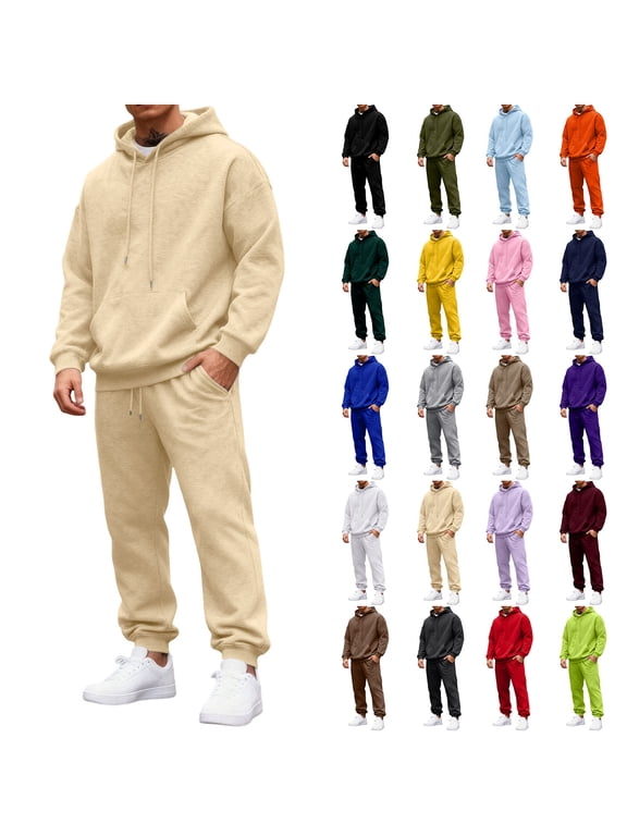 Fleece Men's Hoodie Tracksuit 2 Pieces Set Solid Color Hoodie with Cuffed Jogger Sweatpants Fall Winter Warm Men 2 Piece Sweatsuits Sets Dark Green L