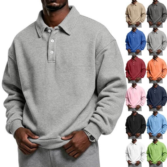 Hearthz Fleece Men's Polo Sweatshirt Collared Long Sleeve Sweatshirt Men Fall Winter Warm Mens Fleece Sweatshirt Red S