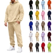 Hearthz Fleece Mens Sweatshirt Suit 2 Piece Outfit Solid Color Hoodie with Cuffed Jogger Sweatpants Fall Winter Warm Men 2 Piece Sweatsuits Sets White S
