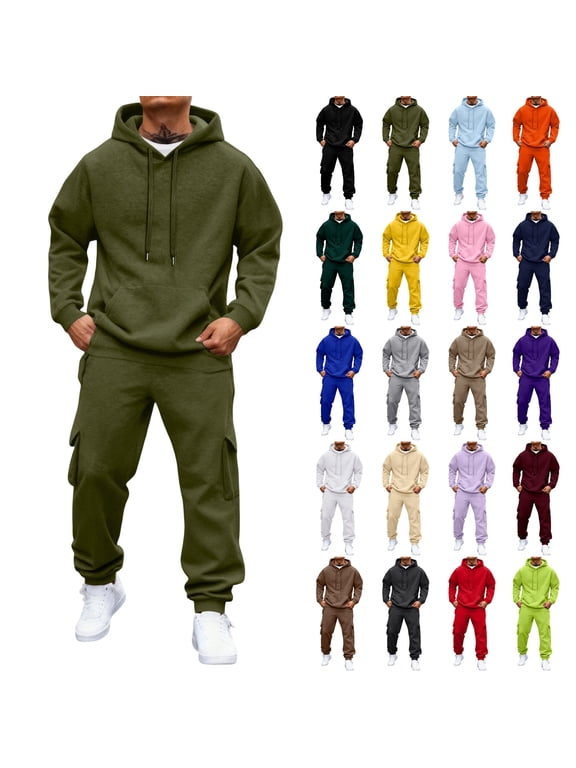 Fleece Men's Sweatshirt Suit 2 Piece Outfit Solid Color Hoodies and Cargo Sweatpants Set Fall Winter Warm Mens Sweatsuits Gray XXL