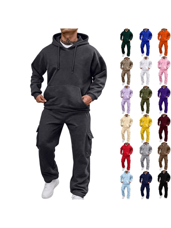 Fleece Men's Sweatshirt Suit 2 Piece Outfit Solid Color Oversized Sweatshirt Cargo Jogger Sweatpants Fall Winter Warm Men Sweatsuits Sets Light Purple L