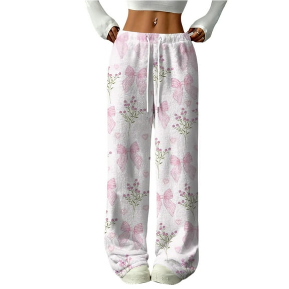Hearthz Fleece Pajama Bow Soft Fuzzy Elastic Waist Wide Leg Lounge Pants with Pockets Fall Winter Warm Pj Bottoms