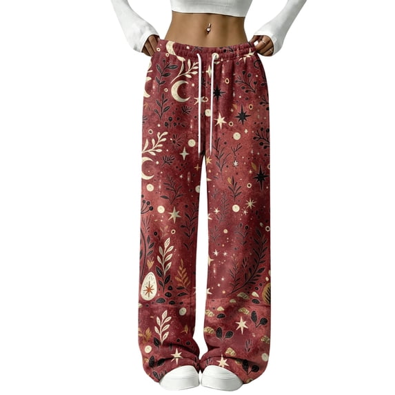 Hearthz Fleece Pajama Pants Women Moon Star Print Wide Leg Womens Pj Pants Elastic Drawstring High Waist Sleeping Pants Women Flannel Pajamas