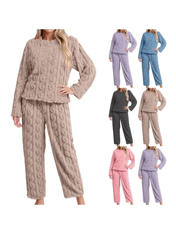 Fleece Pajamas Women Warm Pjs Sets 2 Piece Fluffy Cozy Soft Pj Loungewear Winter Sherpa Long Sleeve Tops Trousers Sleepwear Sets