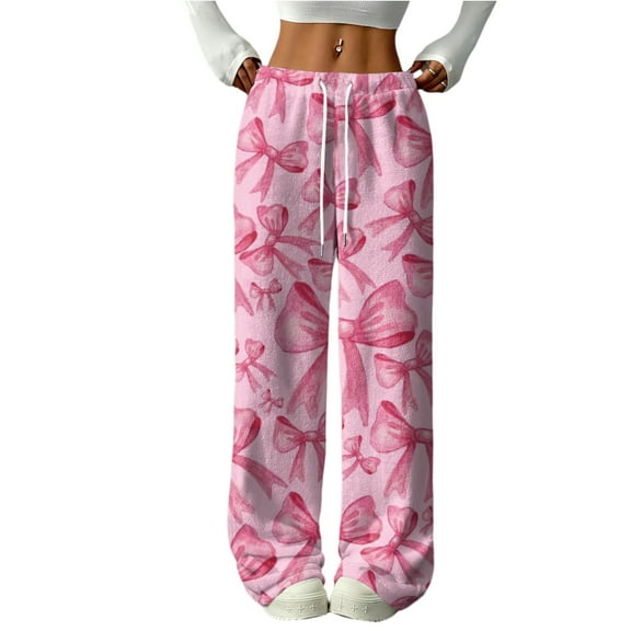 Hearthz Fleece Pajamas for Women Bow Fluffy Fleece Elastic Waist Wide Leg Lounge Pants with Pockets Fall Winter Warm Pj Bottoms