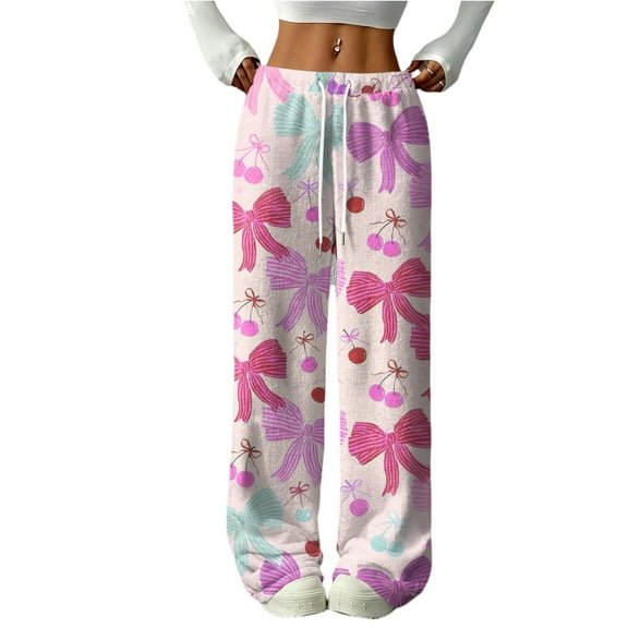 Hearthz Fleece Pajamas for Women Bow Fluffy Fleece Elastic Waist Wide Leg Lounge Pants with Pockets Fall Winter Warm Women Pajama Bottoms