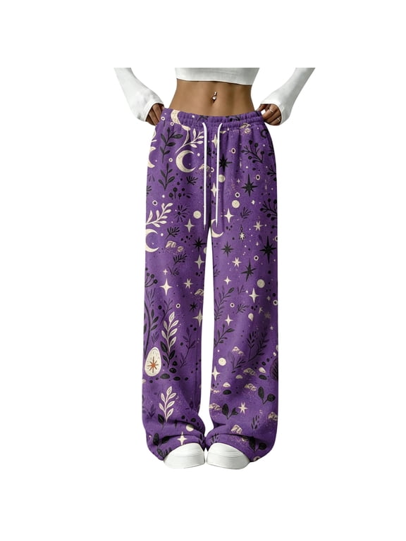 Fleece Pj Pants Moon Star Print Wide Leg Pajama Bottoms Women Elastic Drawstring High Waist Sleeping Pants Women Fuzzy Pajama Pants