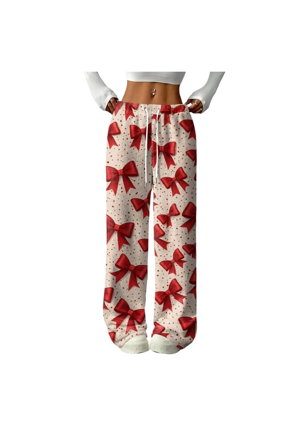 Fleece Pj Pants Women Bow Fuzzy Fleece Cozy Elastic Waist Wide Leg Sleep Pants with Pockets Fall Winter Warm Pj Soft Sleep Bottoms