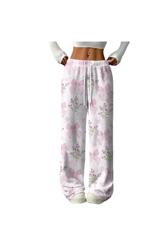 Fleece Pj Pants Women Bow Soft Fuzzy Elastic Waist Wide Leg Sleep Pants with Pockets Fall Winter Warm Pj Bottoms