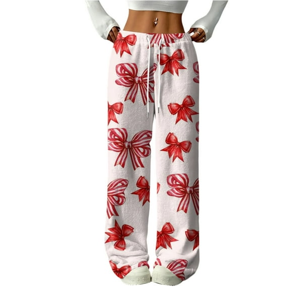 Hearthz Fleece Pj Pants Women Bow Winter Fuzzy Elastic Waist Wide Leg Sleep Pants with Pockets Fall Winter Warm Pj Bottoms for Women