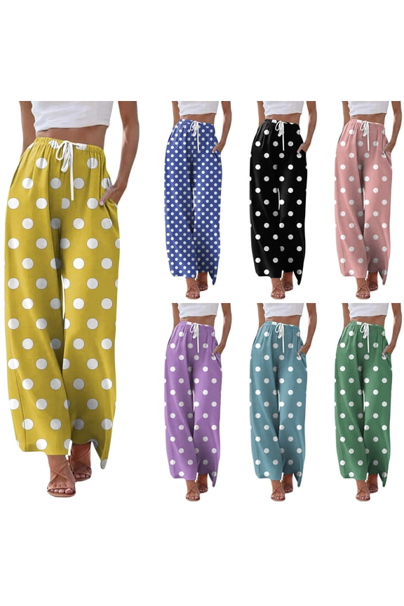 Flowy Wide Leg Pants for Women Palazzo Drawstring Elastic Waist Polka Dots Trouser Women with Pockets Summer Beach Lounging Pants for Women