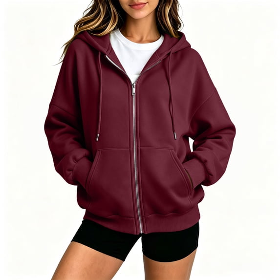 Hearthz Full Zip Hooded Jacket for Women Solid Color Drop Shoulder Zip Up Hoodie Women Lightweight Fall Winter Warm Women’s Jackets with Pocket Wine M