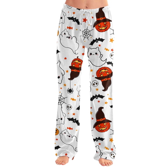 Hearthz Funny Spooky Graphic Womens Pajamas Pants Elastic Drawstring Wide Leg Comfy Lounge Pants Women Soft Holiday Halloween Sleep Pants for Women