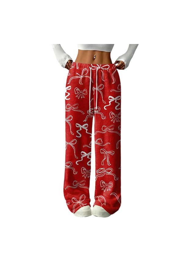 Fuzzy Pajama Pants Bow Soft Fuzzy Elastic Waist Wide Leg Sleep Pants with Pockets Fall Winter Warm Pj Bottoms for Women