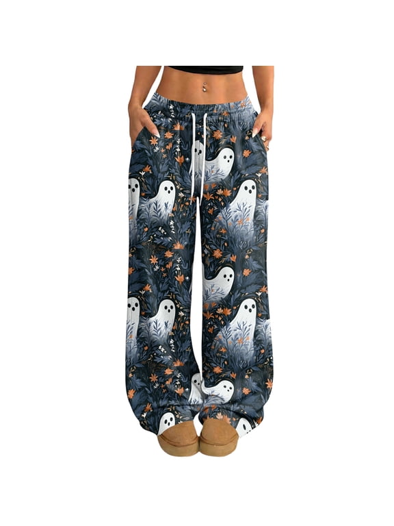 Fuzzy Pajama Pants Ghost Jack-O Bat Print Women's Fuzzy Plush Pajama Pants Drawstring Elastic Waist Wide Leg Women Pajama Pants