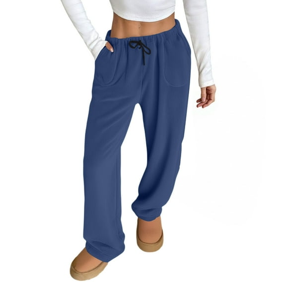 Hearthz Fuzzy Pajama Pants Women Blue Winter Fuzzy Elastic Waist Wide Leg Sleep Pants with Pockets Fall Winter Warm Womens Pj Bottoms