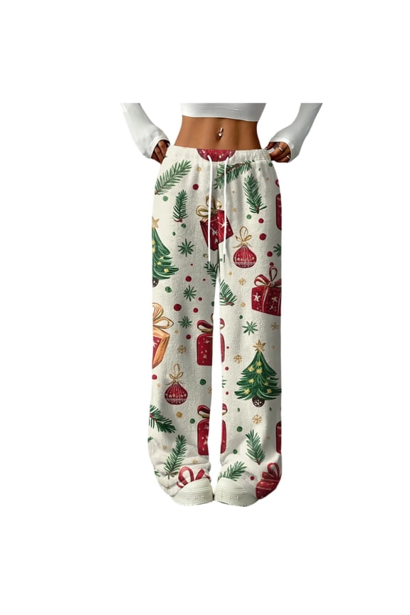 Fuzzy Plush Pajama Pants Christmas Fluffy Fleece Elastic Waist Wide Leg Sleep Pants with Pockets Fall Winter Warm Women Pajama Bottoms