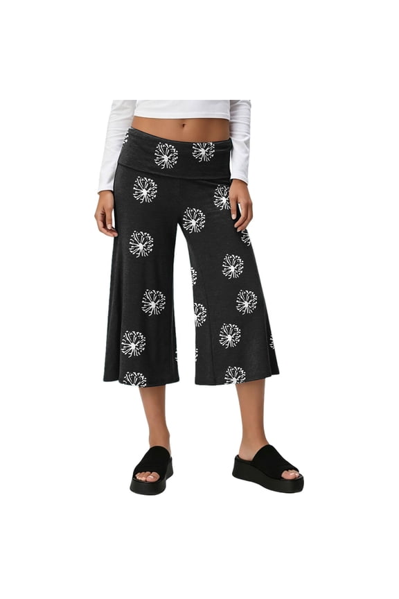 Gauchos Pants for Women Floral Palazzo Culotte Womens Fold Over Capri Pants Flowy Low Rise Capri Pants for Women